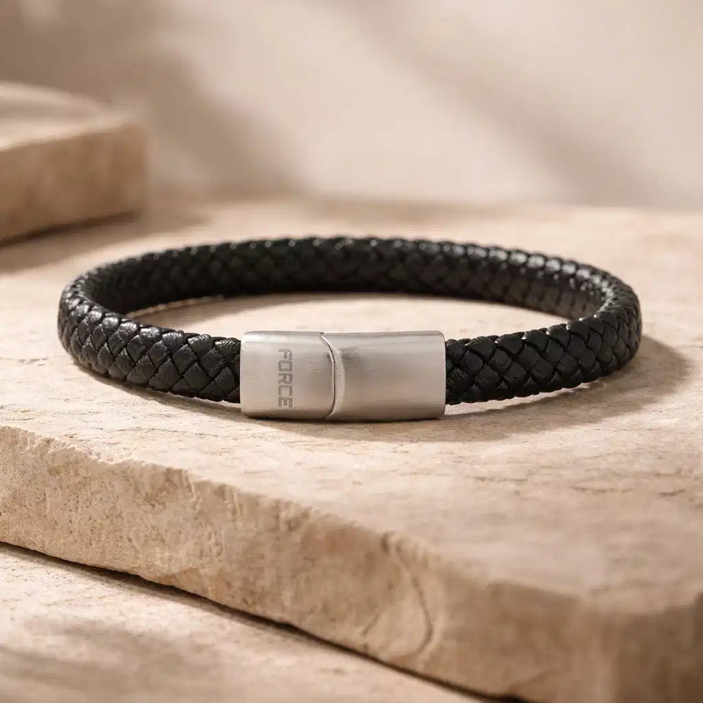 FORCE ARMBÅND SORT LÆDER STÅL LÅS 19CM
