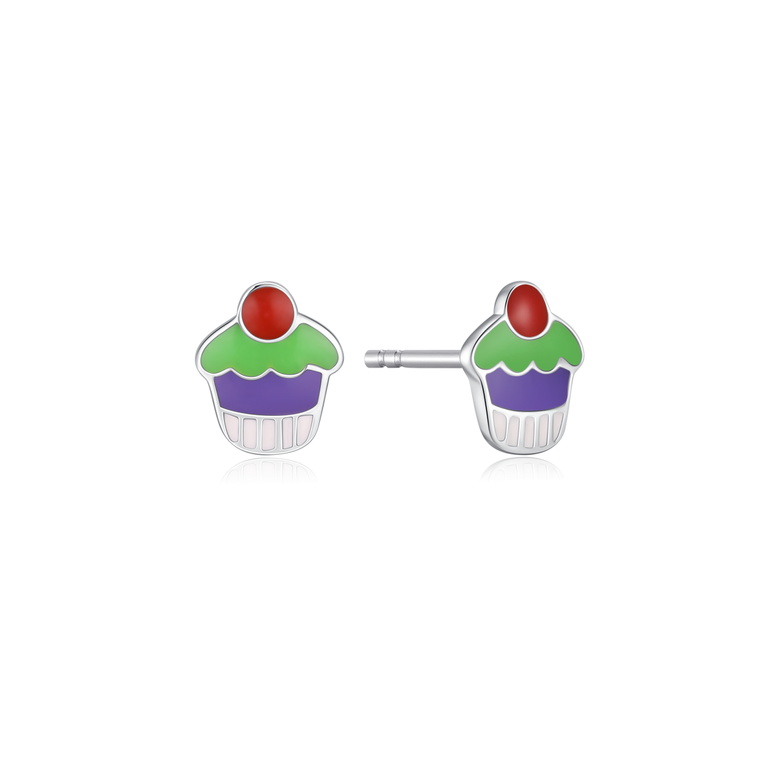 SØLV ØRESTIKKER RHODINERET CUPCAKE I RØD, GRØN, LILLA OG CREME BLYFRI EMALJE. MÅL: 7 X 8 MM.