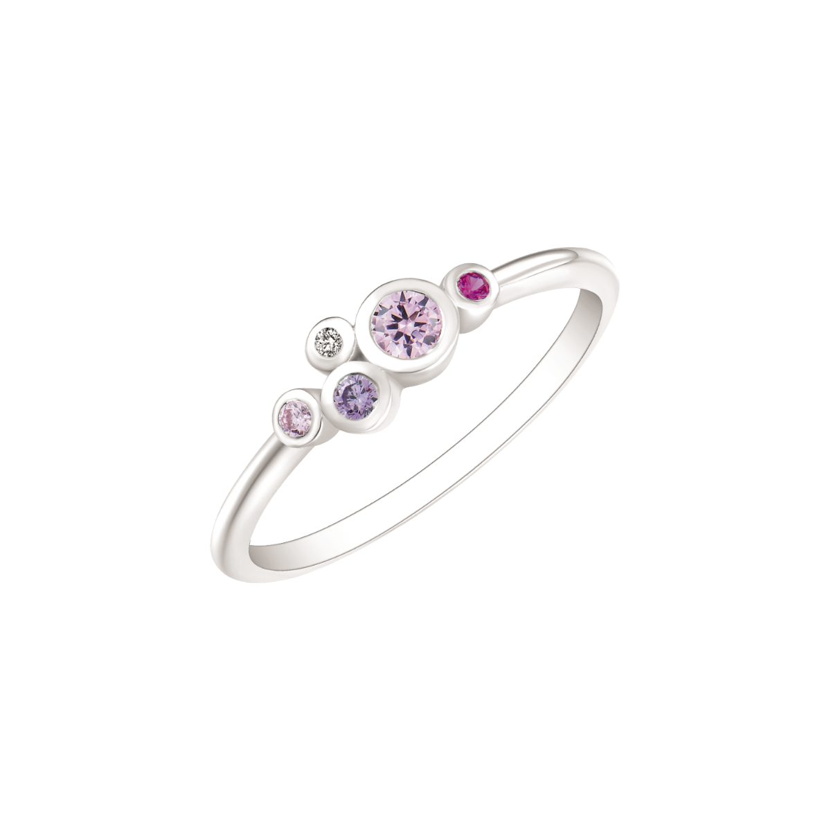 SØLV RING RHODINERET SMÅ CIRKLER MED RØD/PINK/LILLA OG HVIDE SYNTETISKE CUBIC ZIRCONIA.