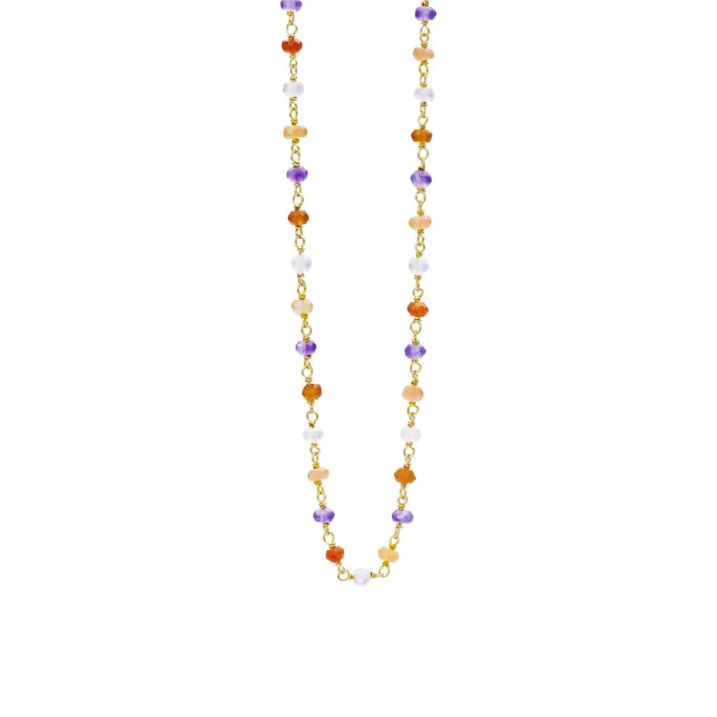 HALSKÆDE 40-45, FORGYLDT SØLV, VIKLET 3-4 MM FACET AMETYST, KARNEOL, PEACH MÅNESTEN, ROSENKVARTS