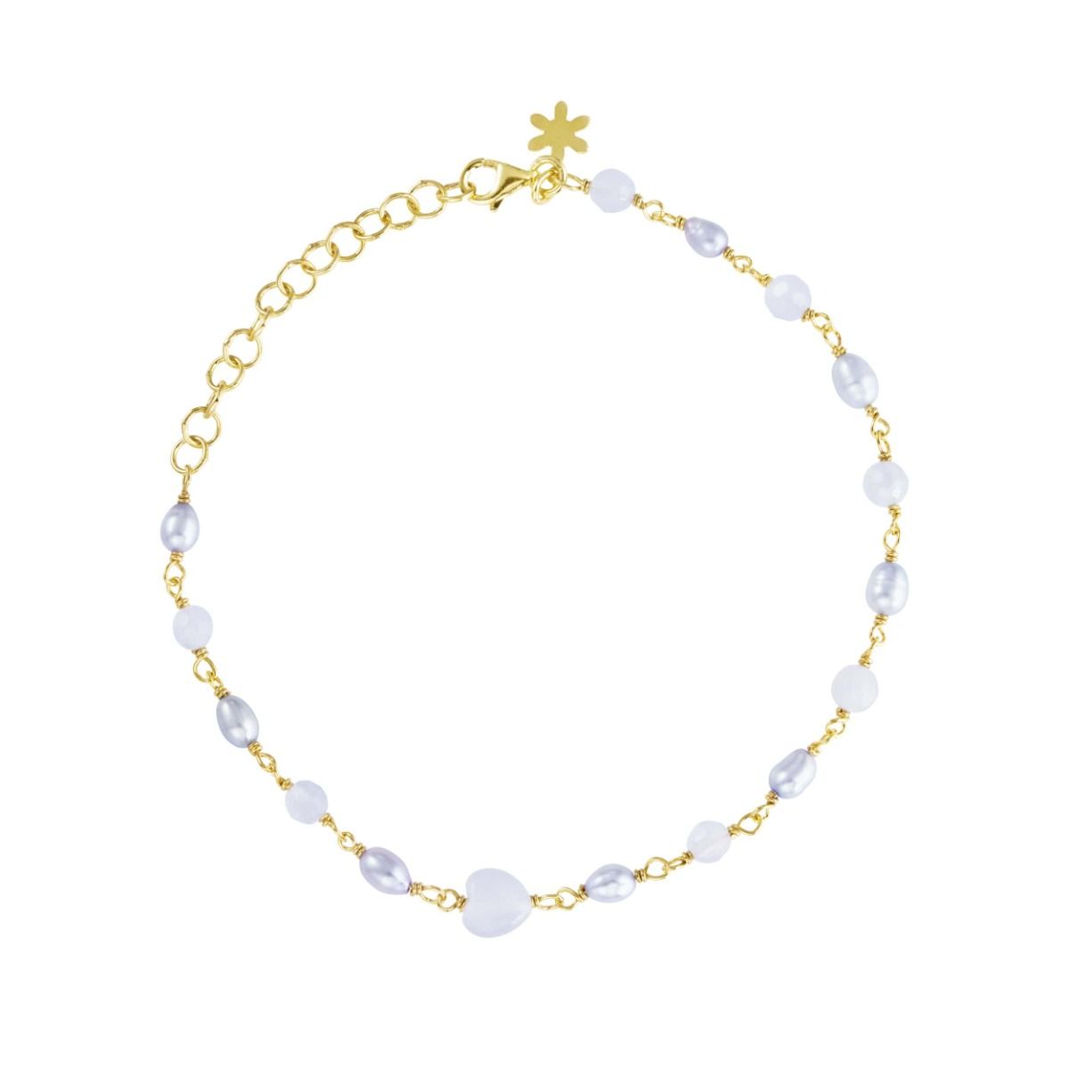 ARMBÅND 16-20 CM, FORGYLDT SØLV, VIKLET MED BLÅ CALCEDON OG LYSEBLÅ FERSKVANDSPERLER