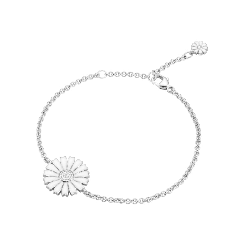 DAISY BRACELET SILVER RH WHITE ENAMEL 15MM 18.5 CM