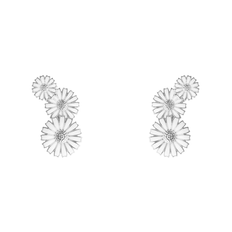 DAISY 3 FLOWER LAYERED EARRING SILVER RH WHITE ENAMEL