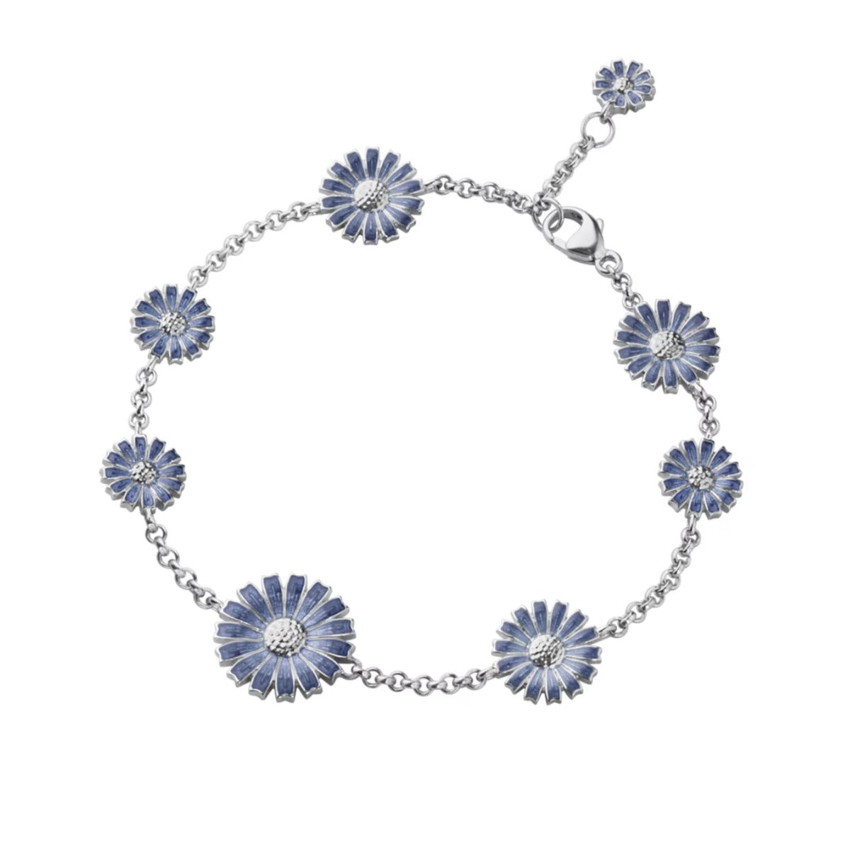 DAISY 8 FLOWER BRACELET SILVER RH BLUE ENAMEL 18.5 CM