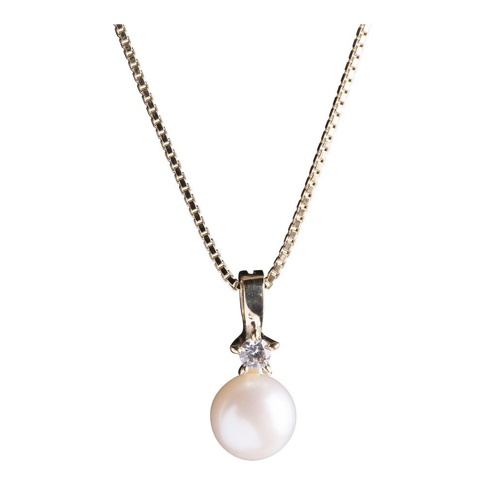 8KT. GULDVEDHÆNG M/PERLE OG CZ INKL. FORG. KÆDE