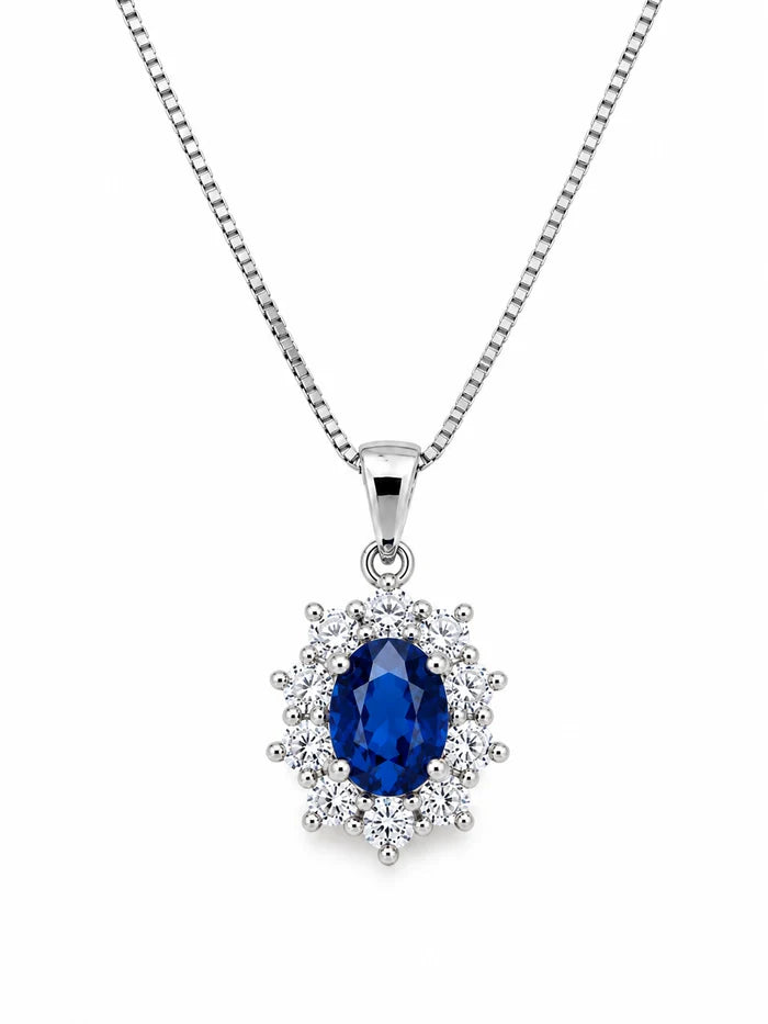 14KT.HV. VEDHÆNG 0,14 W.SI+SAFIR OVAL 4X5MM+ SØLV KÆDE
