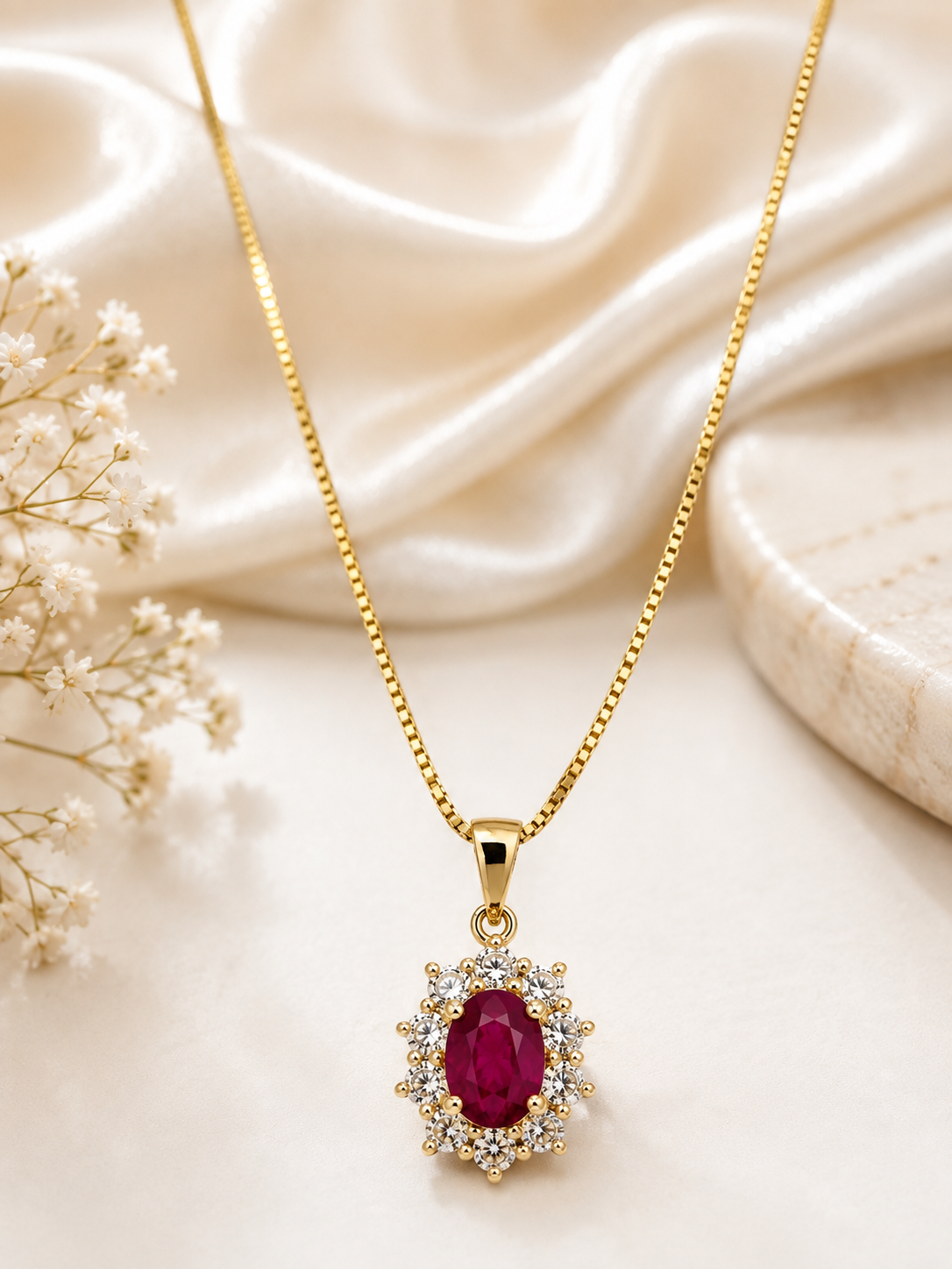 14KT.HALSKÆDE 0,58W.SI+RUBIN OVAL 5X7MM +FORGYLDT KÆDE