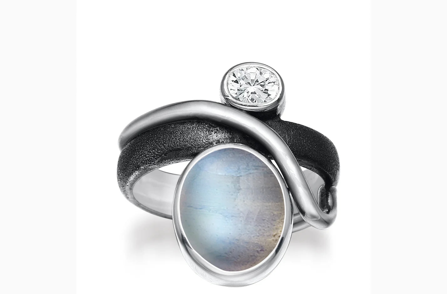 SØLV RING ANTIK OXYD. RAINBOW MÅNESTEN