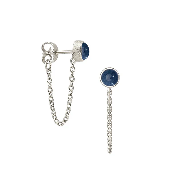 HORIZON EARRING W/5MM BLUE OPAL & CHAIN - RHOD