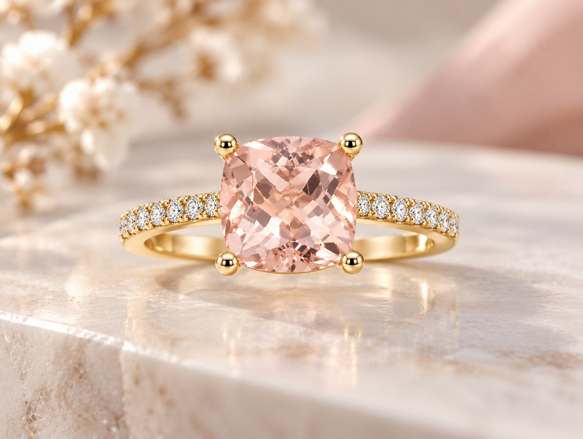 14KT.RING 0,21CT+FIRK.LYSERØD MORGANIT