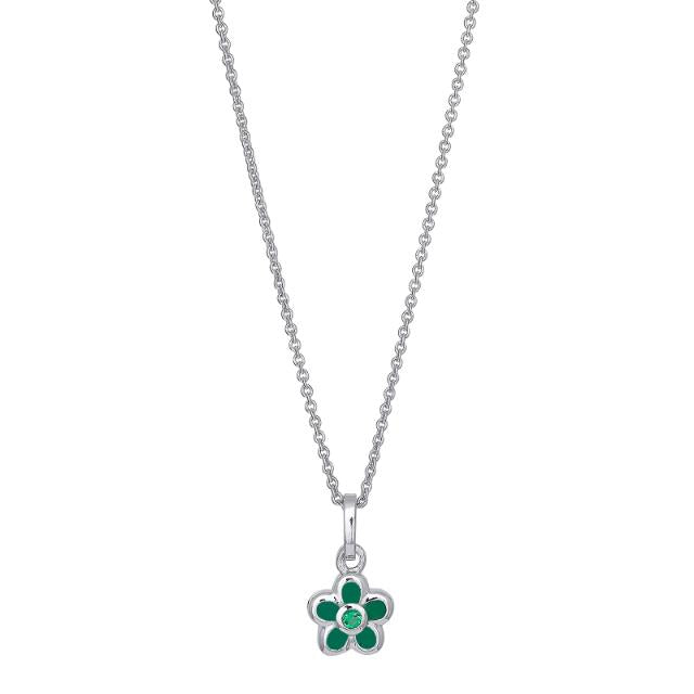 RHOD. SØLV BLOMST GRØN EMALJE + CZ KÆDE 38CM