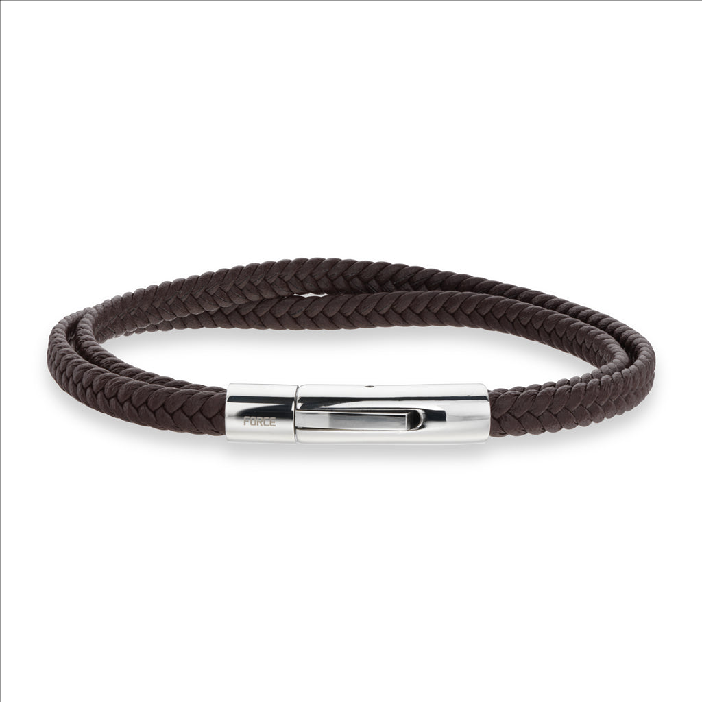 FORCE ARMBÅND BRUNT LÆDER DOBBELT STÅL LÅS 21 CM