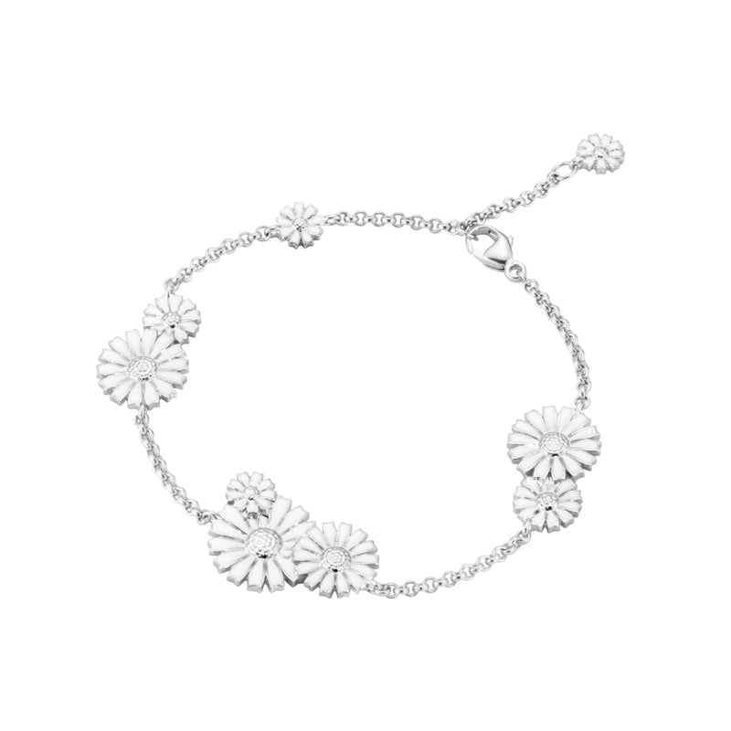 DAISY 9 FLOWER LAYERED BRACELET SILVER RH WITE ENAMEL 18.5 C