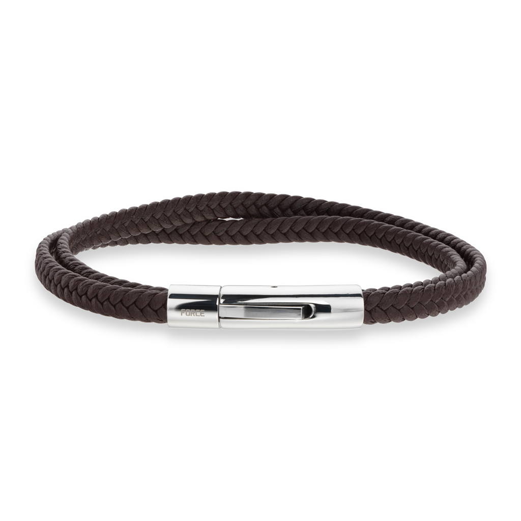 FORCE ARMBÅND BRUNT LÆDER DOBBELT STÅL LÅS 21 CM