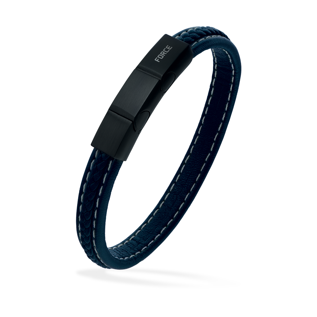 FORCE ARMBÅND BLÅT LÆDER M. STÅL LÅS 19 CM