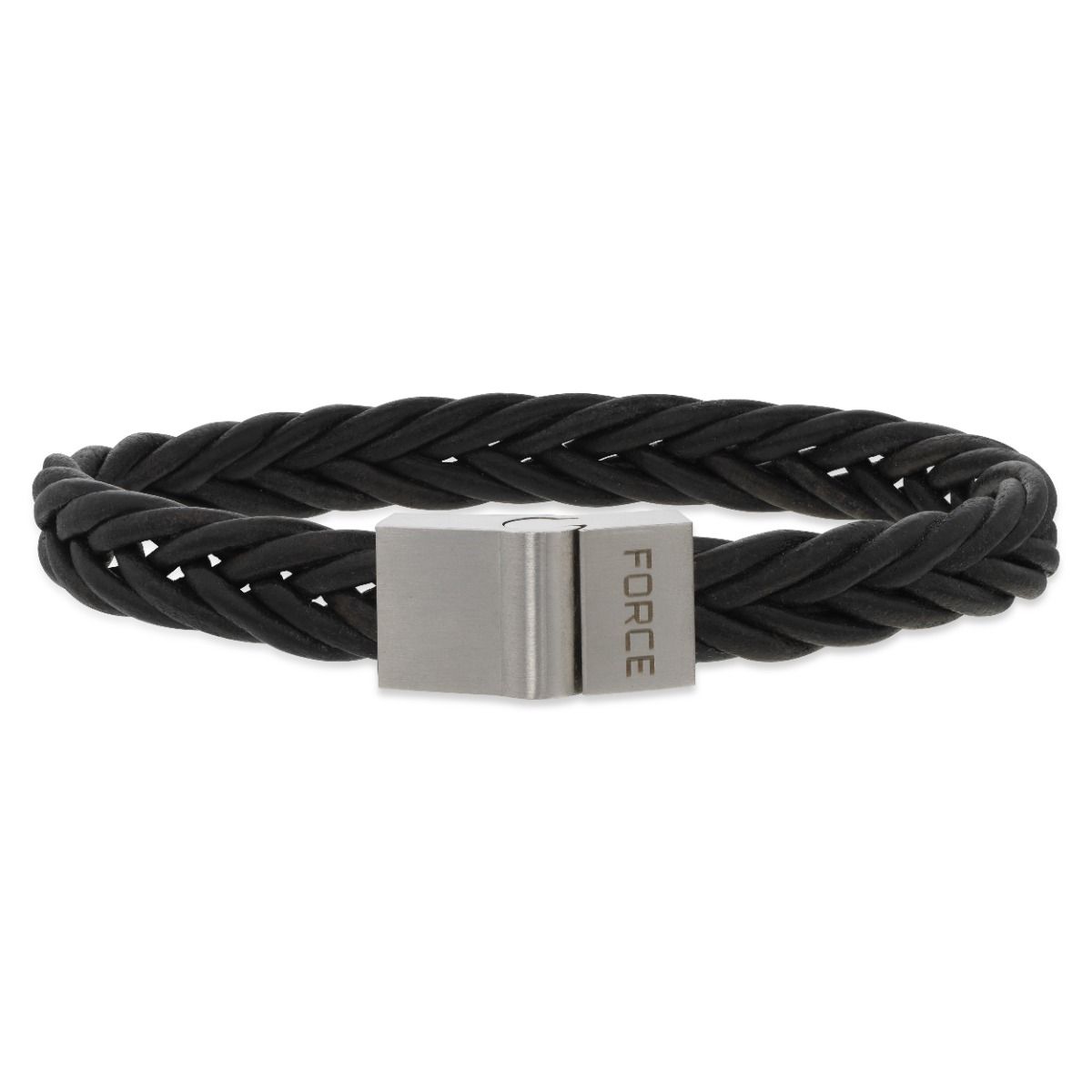 FORCE ARMBÅND SORT FLETTET LÆDER STÅL LÅS 23 CM