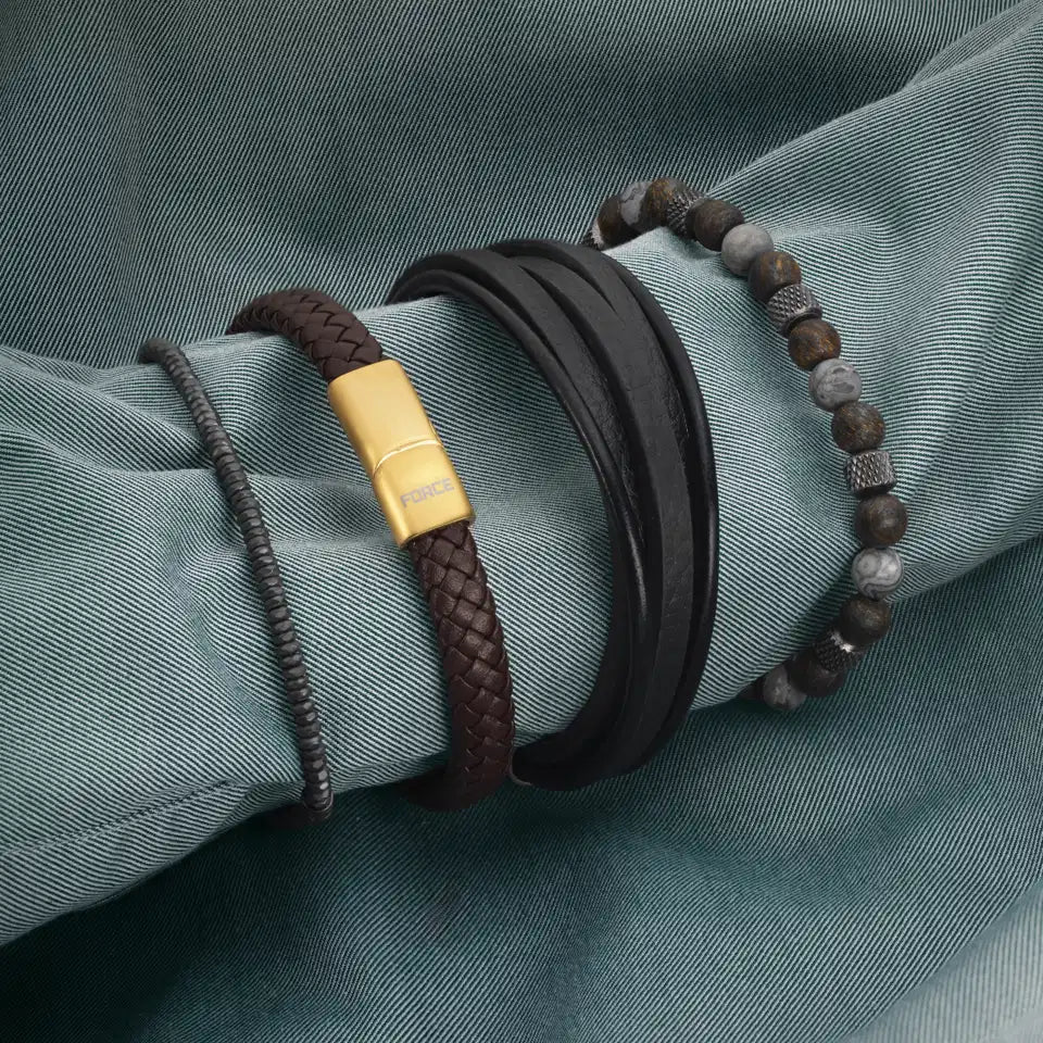 FORCE ARMBÅND FLER RK. SORT LÆDER STÅL LÅS