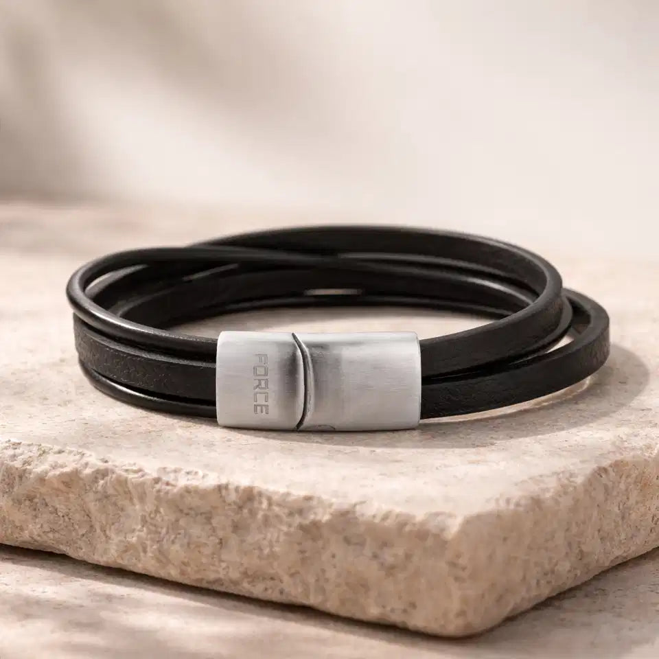 FORCE ARMBÅND FLER RK. SORT LÆDER STÅL LÅS