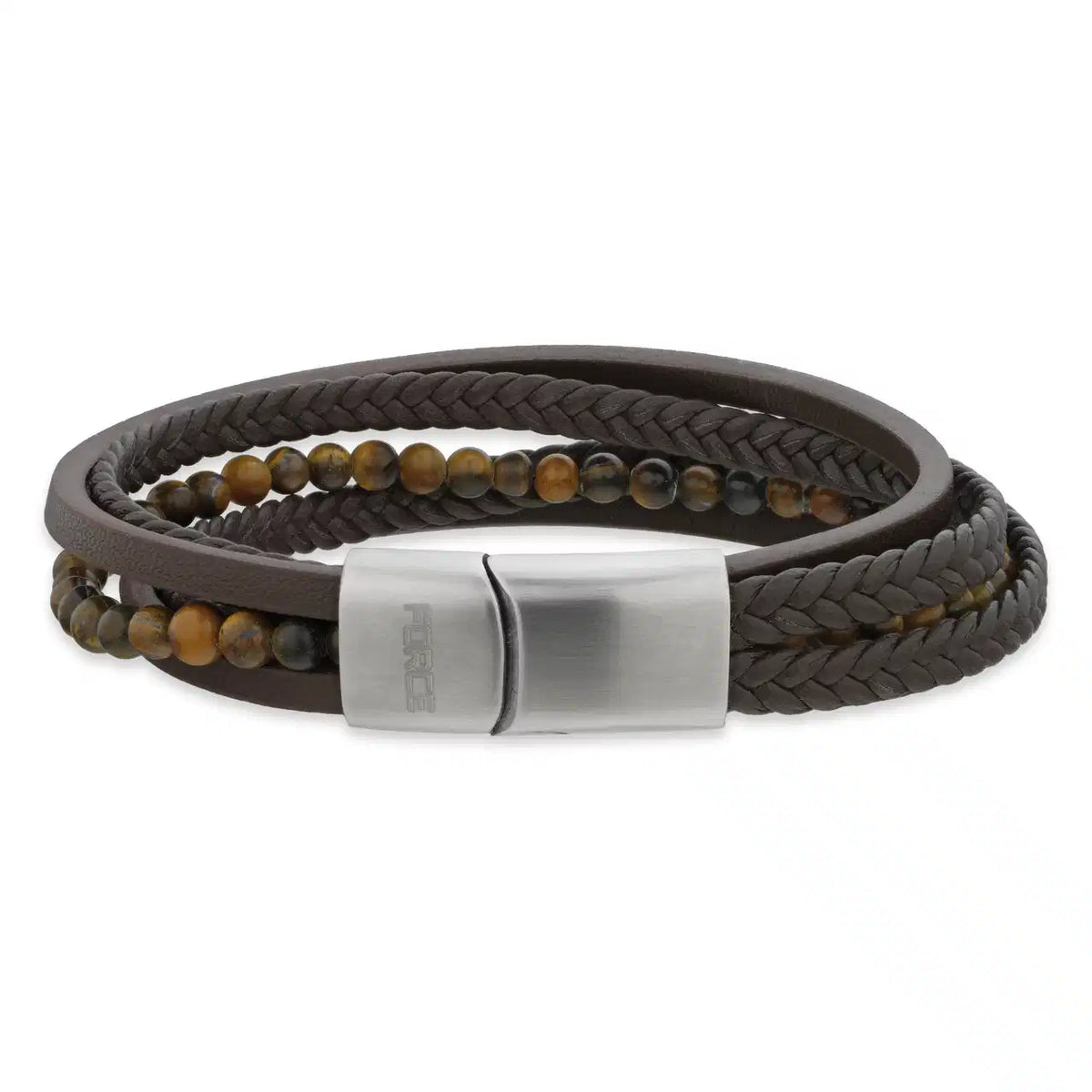 FORCE ARMBÅND MULTI RK. TRÆ OG MØRKEBRUNT LÆDER STÅL LÅS 19CM