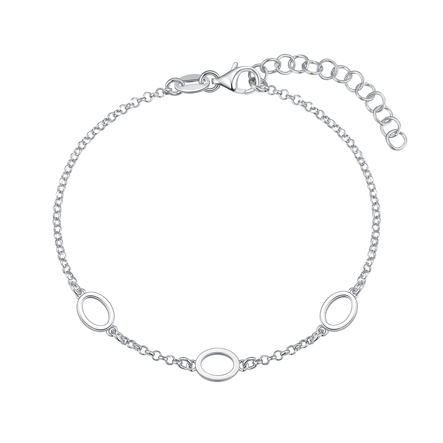 SØLV ARMBÅND RHODIUM 3 OVALE PÅ KÆDE. LÆNGDE 17+4 CM.