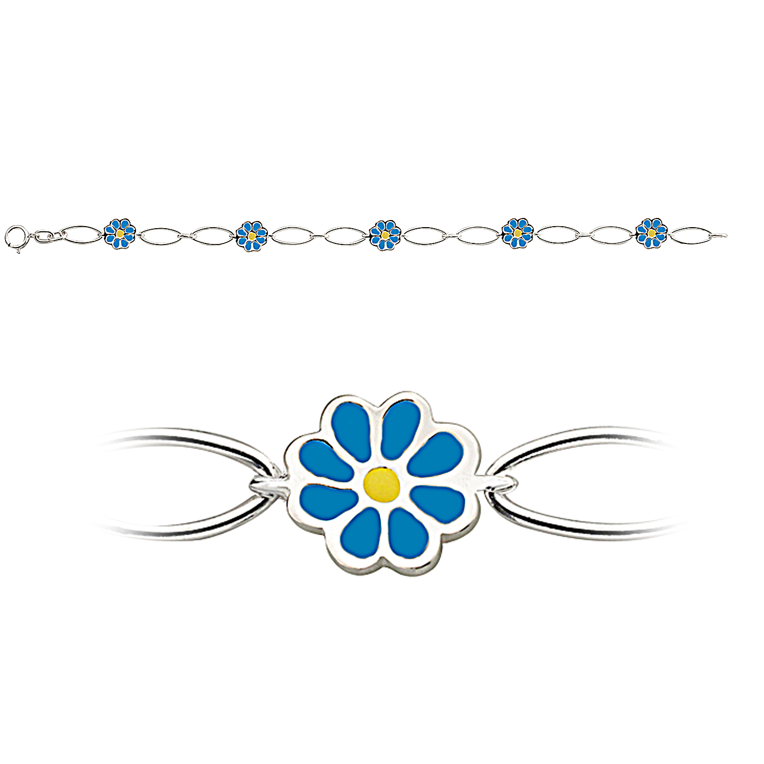 SØLV ARMBÅND BLÅ BLOMST GUL I MIDTEN