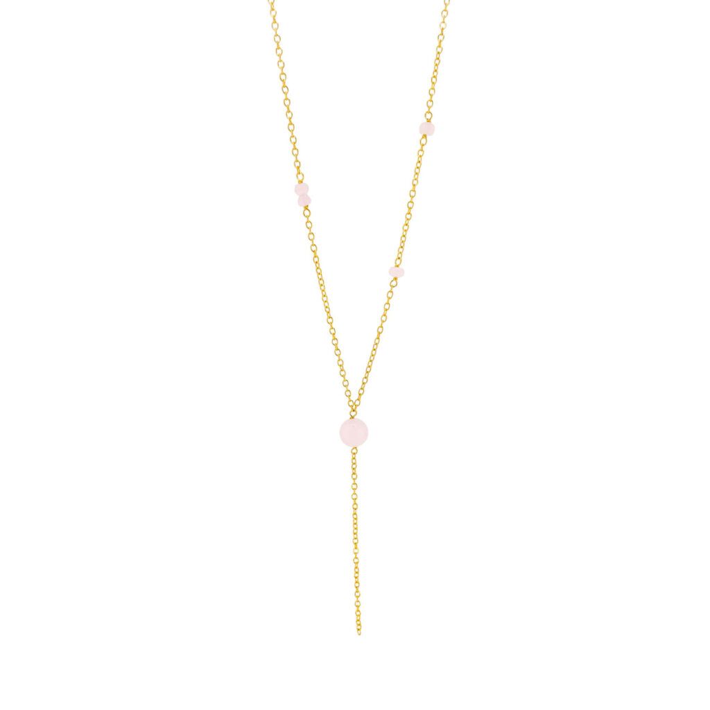 HALSKÆDE ANKER 46,5- 51,5 CM, FORGYLDT SØLV, Y-KÆDE M.ROSENKVARTS VEDHÆNGET CA.6,5CM LANGT