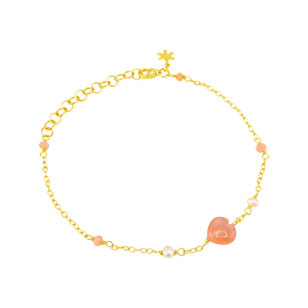 ARMBÅND ANKER 16-20 CM, FORGYLDT SØLV, PEACH MÅNESTENSHJERTE OG HVID FERSKVANDSPERLE
