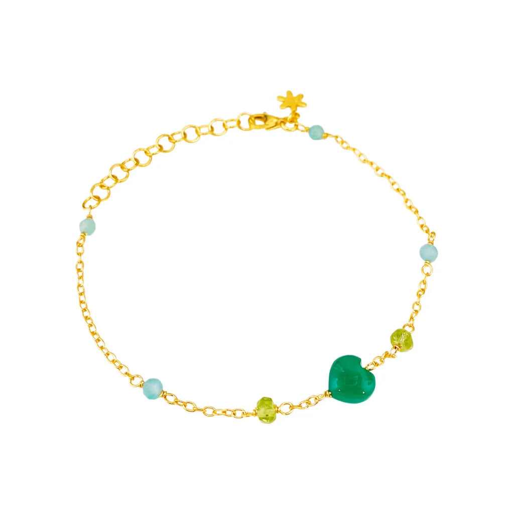ARMBÅND ANKER 16-20 CM, FORGYLDT SØLV, GRØN AGAT HJERTE, AMAZONIT OG PERIDOT