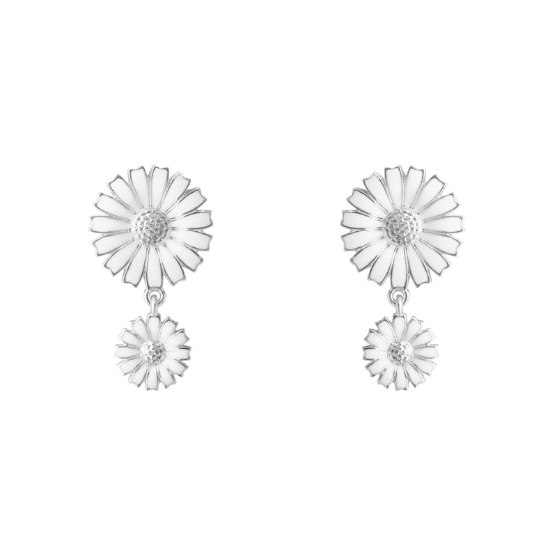 DAISY DOUBLE EARRING SILVER RH WHITE ENAMEL 13MM 8MM