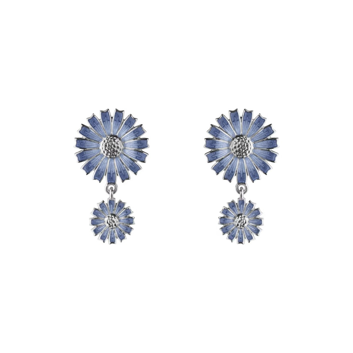 DAISY DOUBLE EARRING SILVER RH BLUE ENAMEL 13MM 8MM