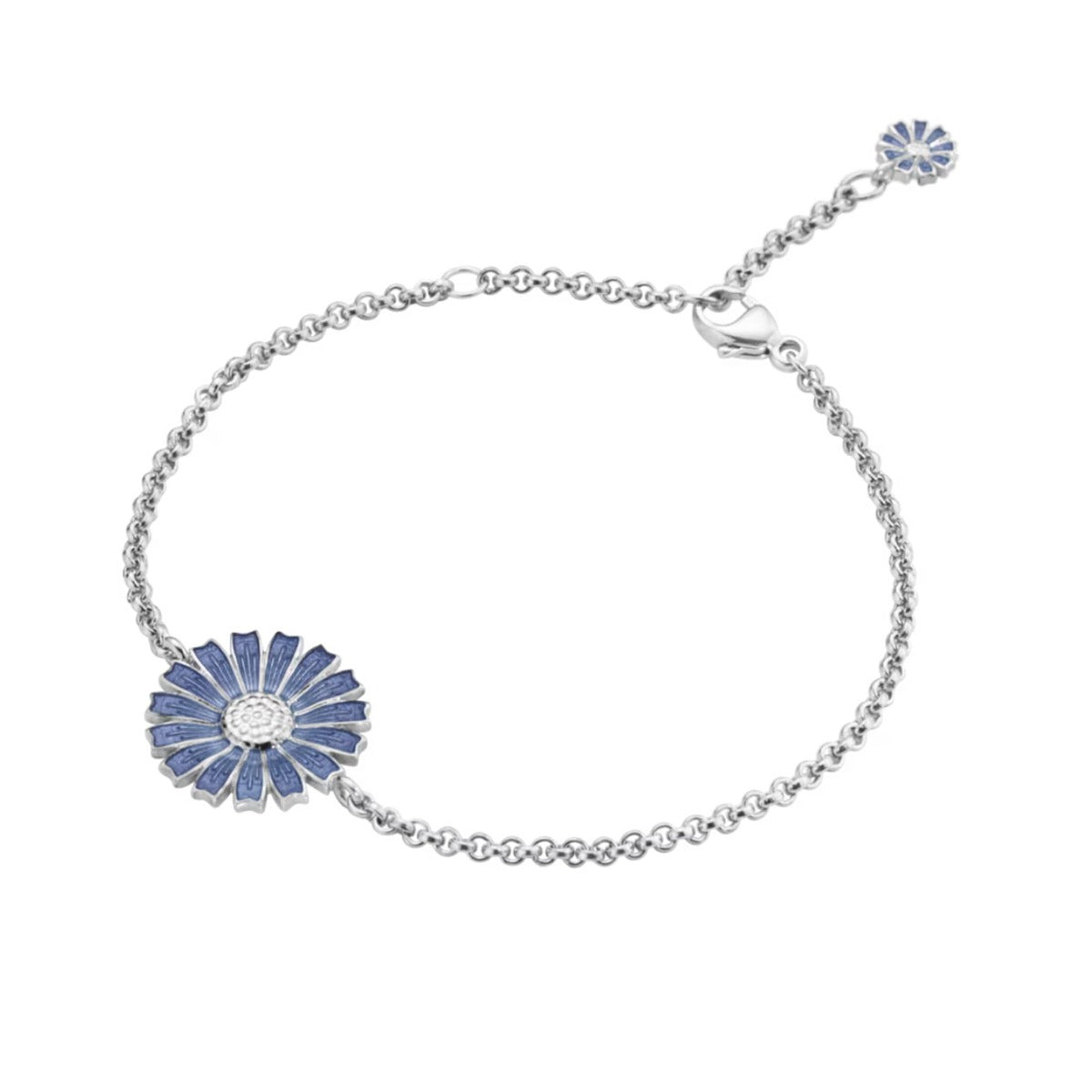 DAISY BRACELET SILVER RH BLUE ENAMEL 15MM 18.5 CM
