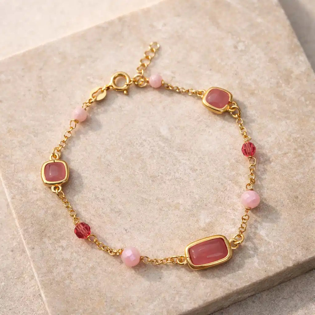ARMBÅND LYSERØDE CAT EYE/KRYSTALLER/CUBIC ZIR. SØLV FG. 17+2 CM