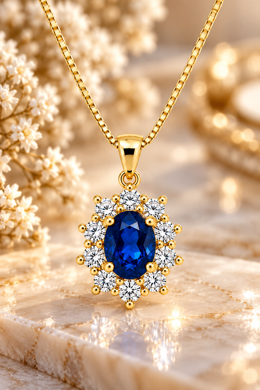 14KT.VEDHÆNG 0,58W.SI+SAFIR OVAL 5X7MM+FORGYLDT KÆDE