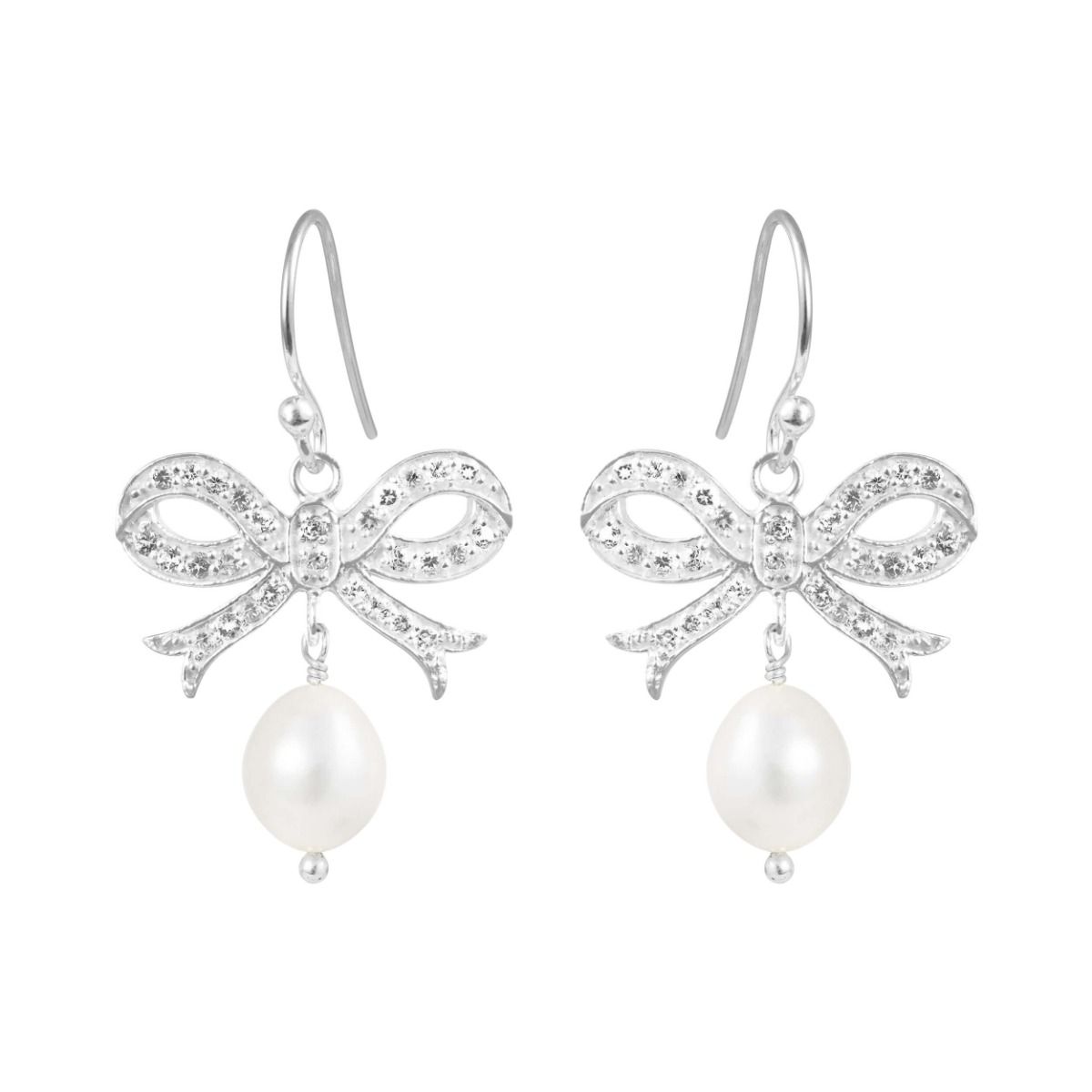 ØRERING (BØJLE), SØLV, SLØJFE MED ZIRKONER 22X14 MM OG HVID FERSKVANDSPERLE CA. 3,5 CM LANG