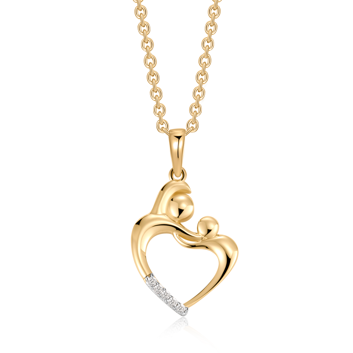 14 KT. GULD VEDHÆNG HJERTE MED MOR OG BARN MED SYNTETISKE CUBIC ZIRCONIA. "MOR OG BARN" MÅL: 16 X 12