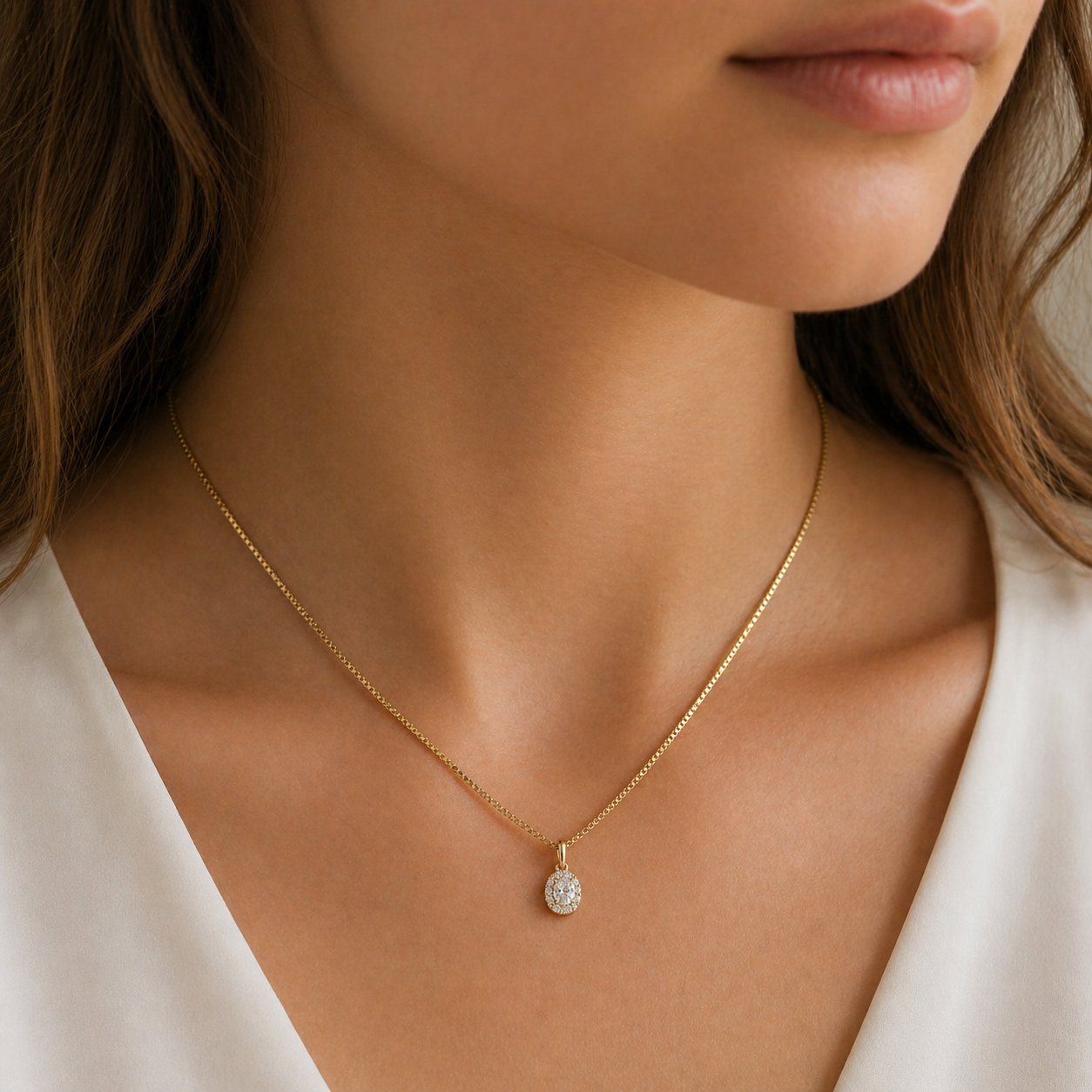 14KT.VEDHÆNG 0,08CT W.SI+0,20 OVAL DIA +SØLV FORGYLDT KÆDE