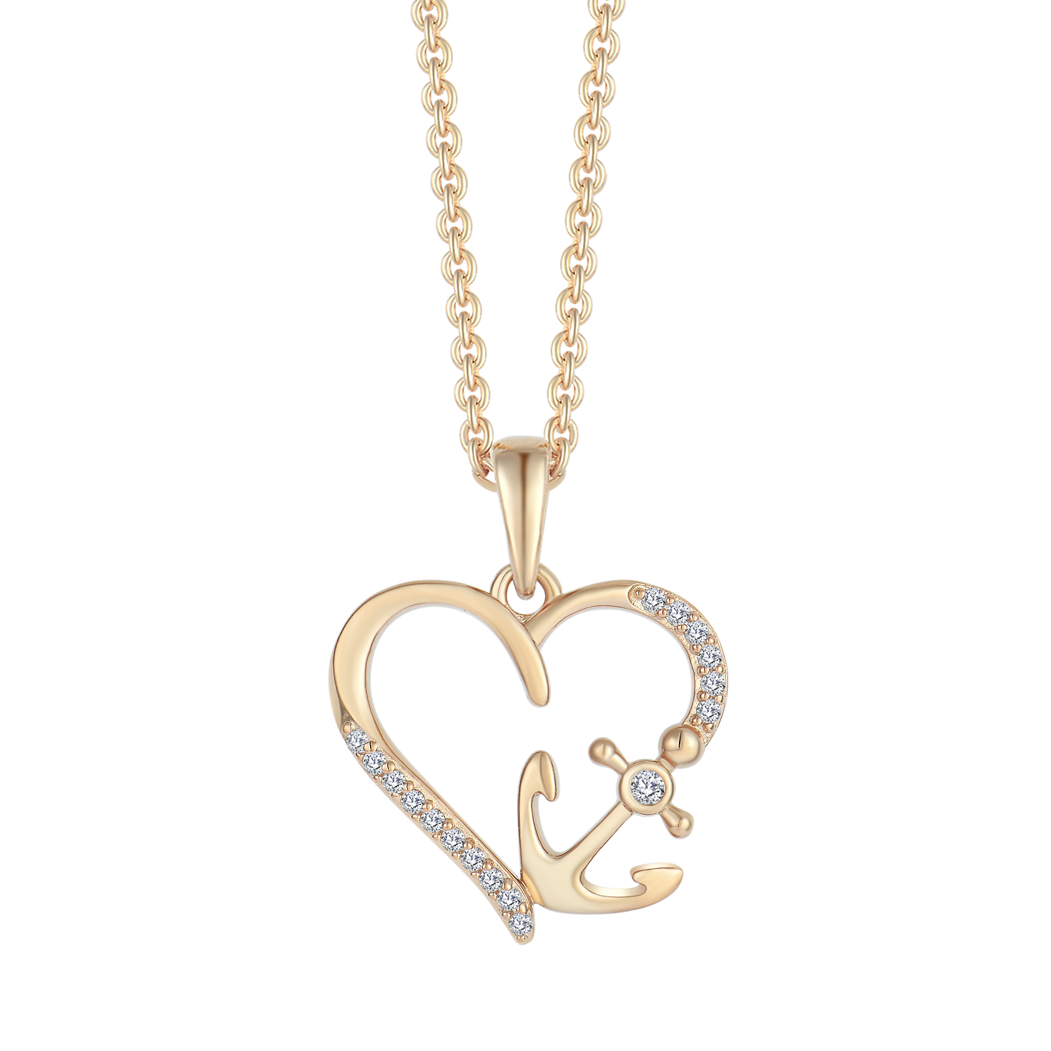 SØLVFORGYLDT HALSKÆDE HJERTE MED ANKER OG SYNTETISKE CUBIC ZIRCONIA.