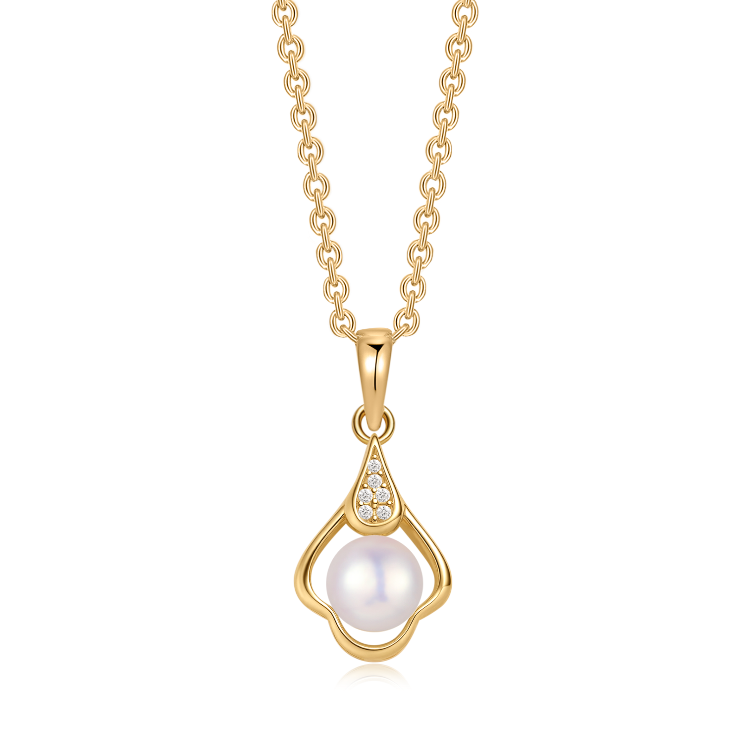SØLVFORGYLDT HALSKÆDE SKÆV OVAL MED SYNTETISK CUBIC ZIRCONIA OG FERSKVANDSPERLE. MÅL: 15,9 X 11,5 MM