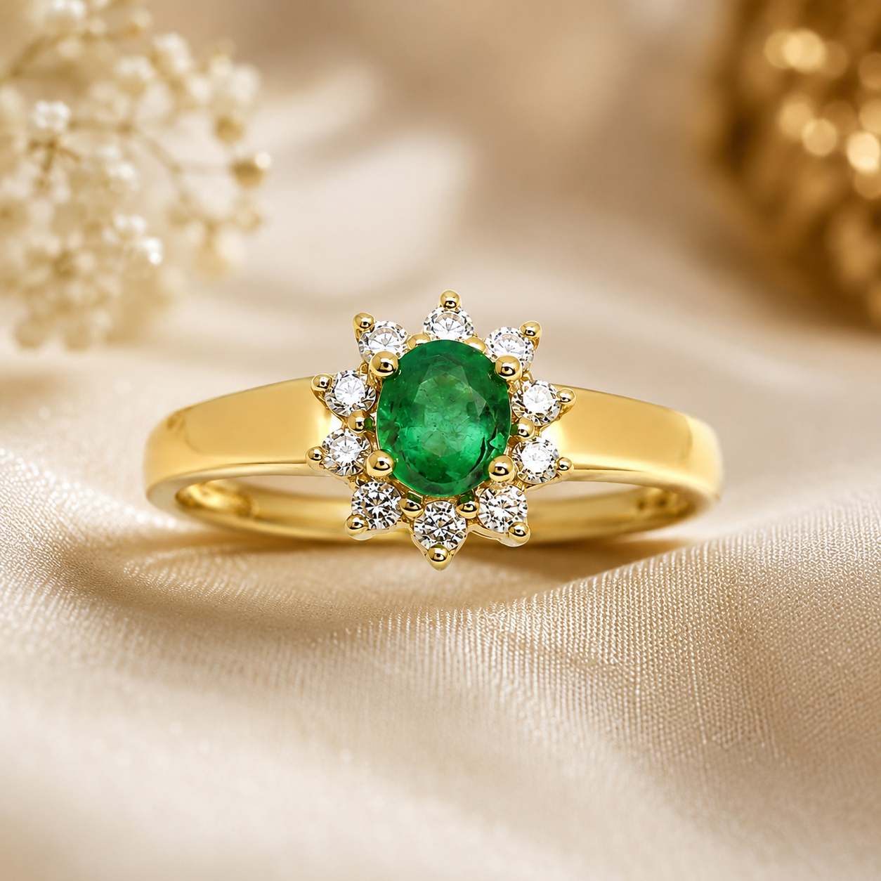 14KT.RING 0,14 W.SI+SMARAGD OVAL 4X5MM