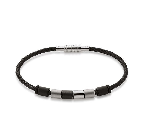 LÆDER ARMBÅND SORT FLET STÅL