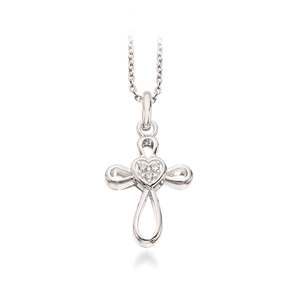 VEDHÆNG KORS M. HJERTE CUBIC ZIR. SØLV M/KÆDE