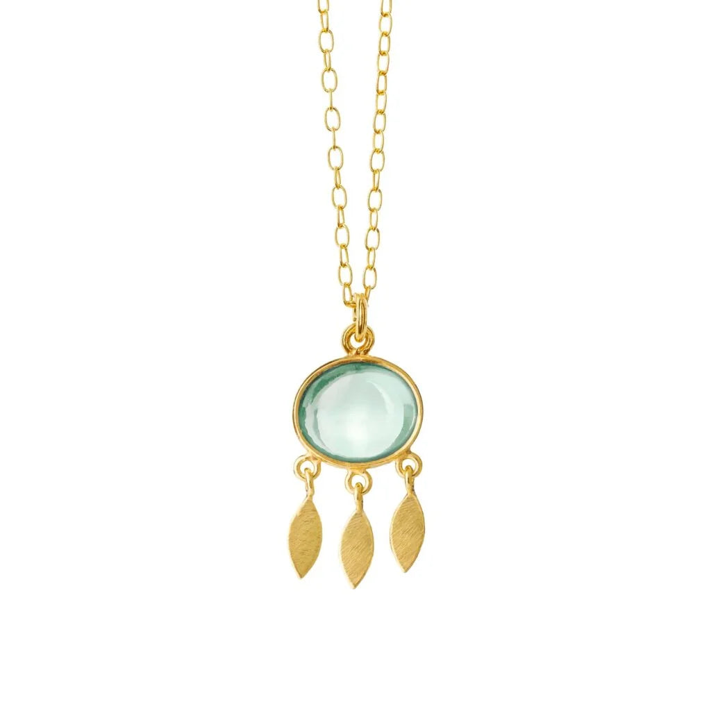 HALSKÆDE ANKER 45 CM, FORGYLDT SØLV, GRØN KVARTS OVAL CABOCHON 10X12 MED SMÅ BLADE CA. 3,5 CM LANG