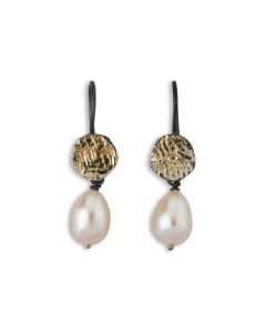 By Birdie Mani Coin Pearl Drop Rhodineret Sølv Øreringe med 14 Karat Guld Og Perle 